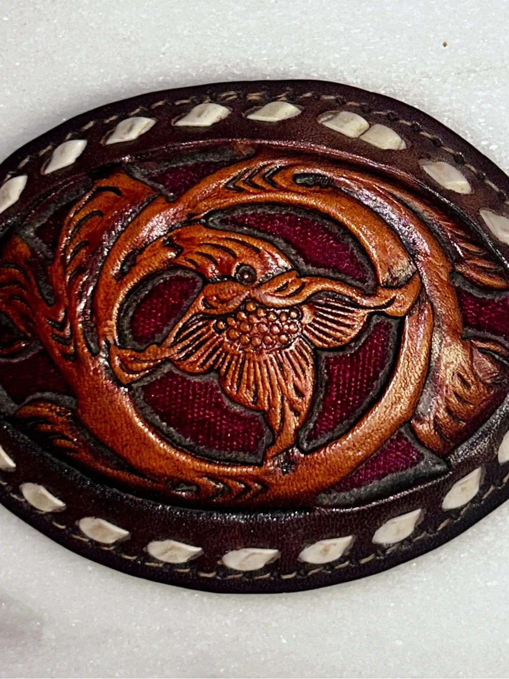 Vintage ~Hand-Tooled Brown Floral Leather Backstitching Belt Buckle W/Red Inlay